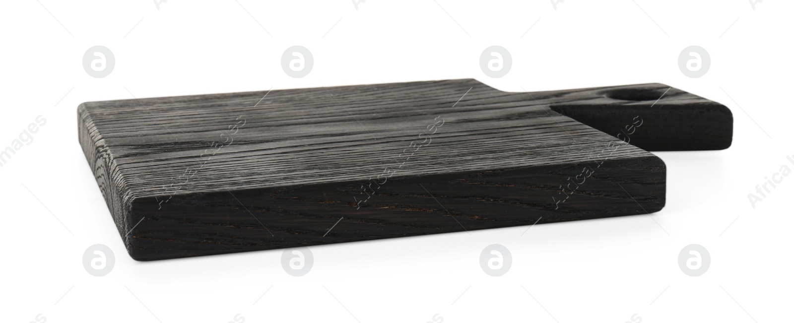 Photo of Black wooden cutting board isolated on white