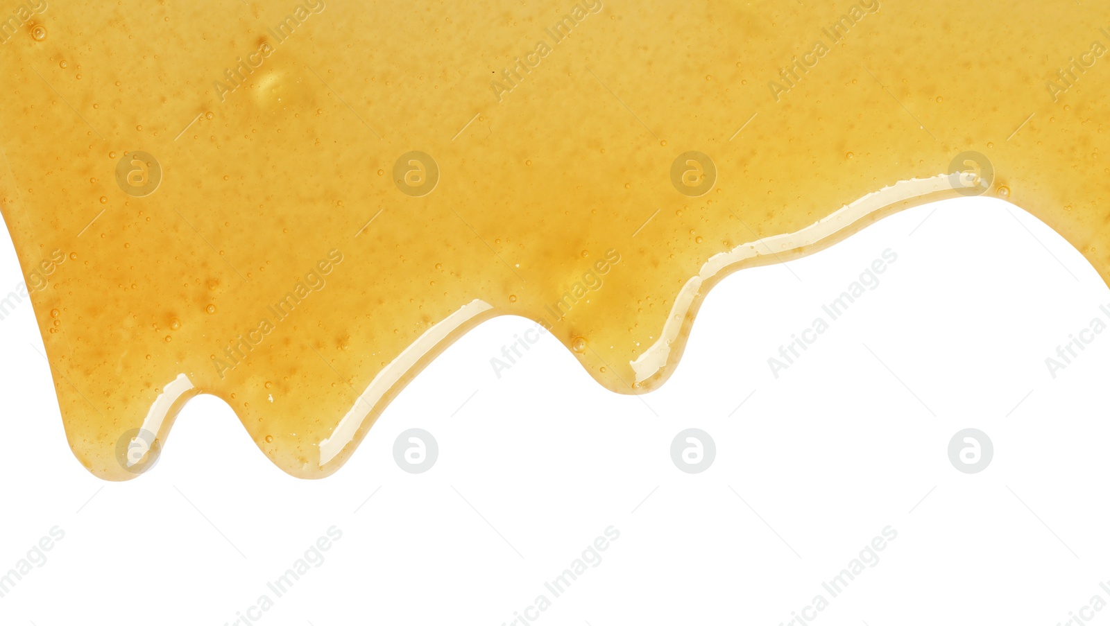 Photo of Tasty natural honey drips isolated on white, top view