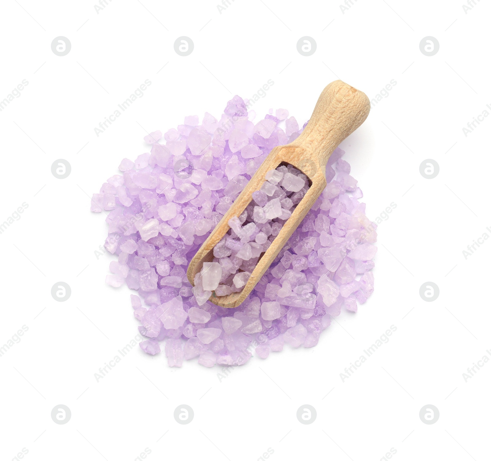 Photo of Wooden scoop with violet sea salt isolated on white, top view