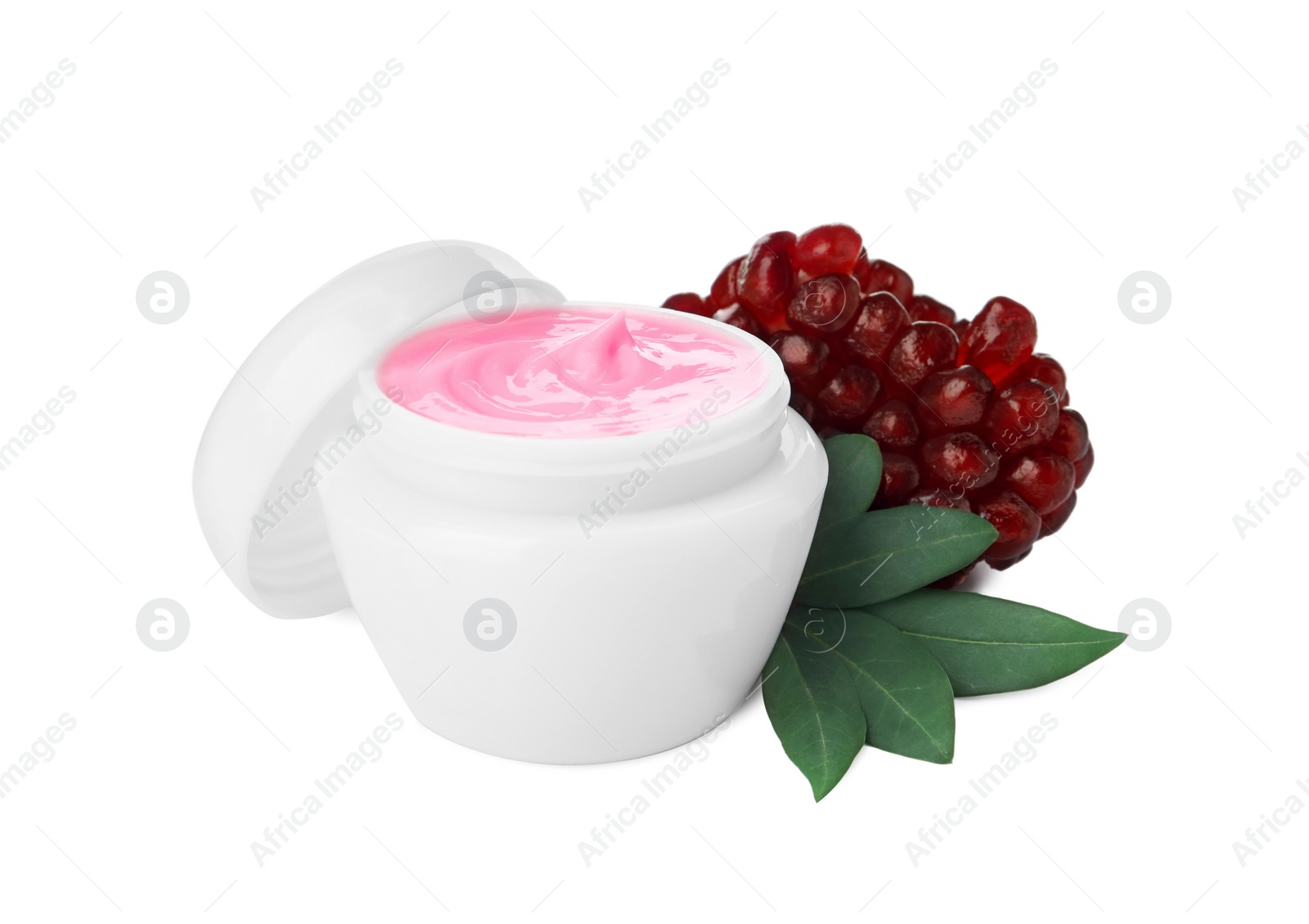 Photo of Fresh pomegranate and jar of facial mask on white background. Natural organic cosmetics