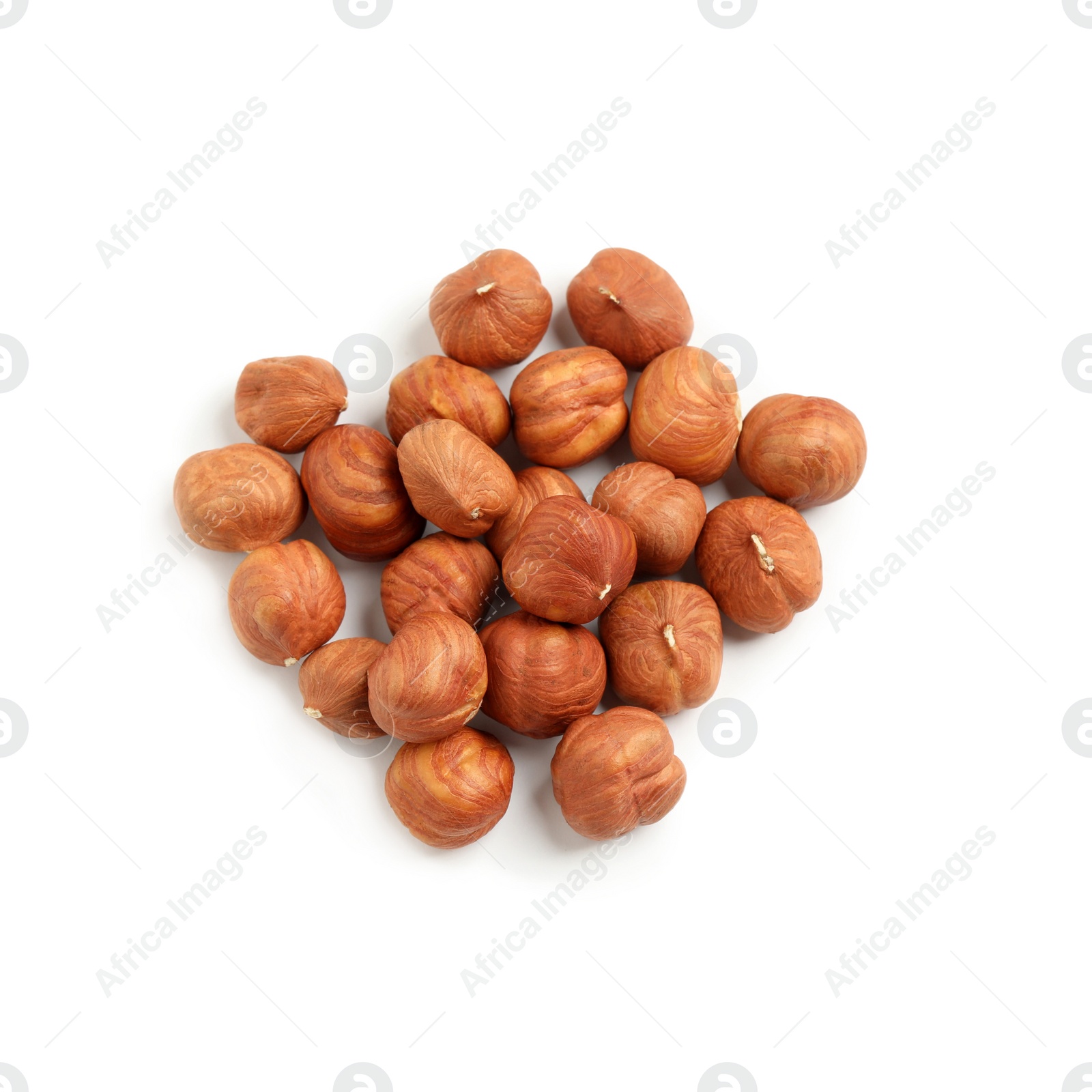 Photo of Heap of tasty hazelnuts on white background, top view