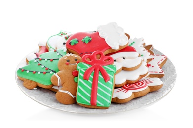 Photo of Delicious gingerbread Christmas cookies on white background
