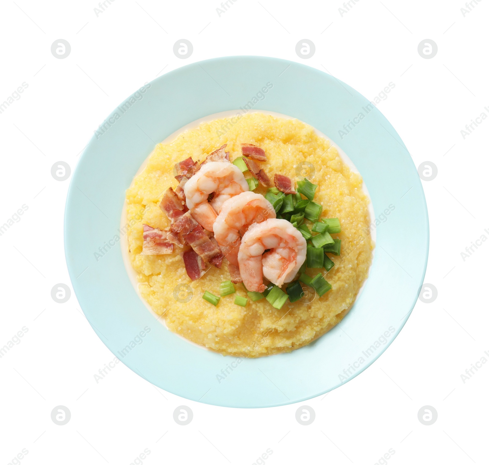 Photo of Plate with fresh tasty shrimps, bacon, grits and green onion isolated on white, top view