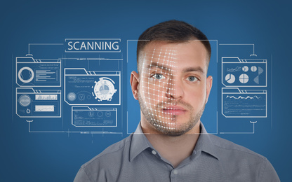 Image of Facial recognition system. Man with scanner frame on face and information