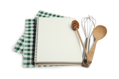Photo of Blank recipe book, napkin and kitchen utensils on white background. Space for text