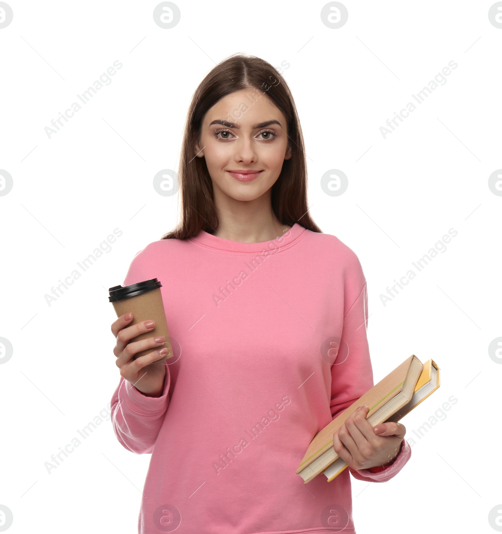 Photo of Teenage student holding books and cup of coffee on white background