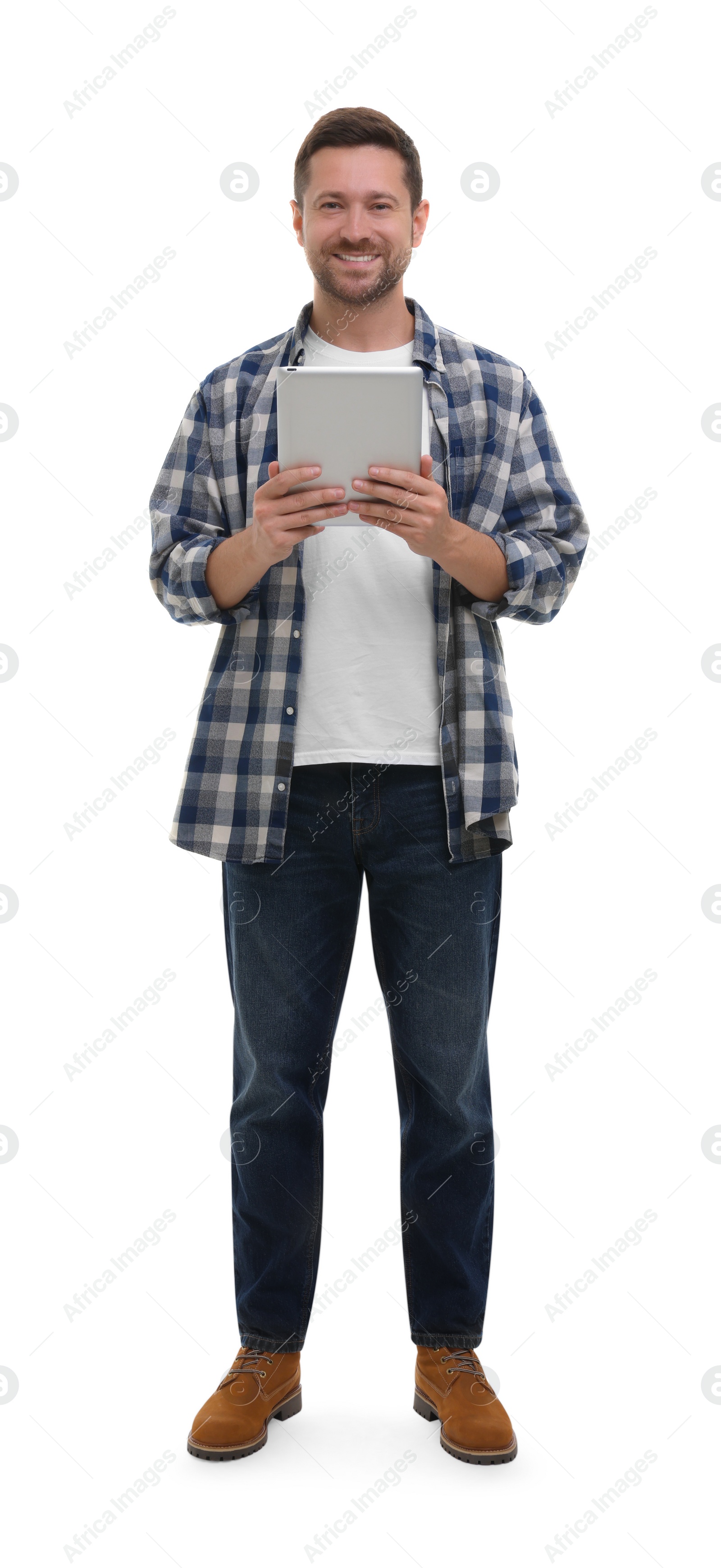 Photo of Happy man with tablet on white background