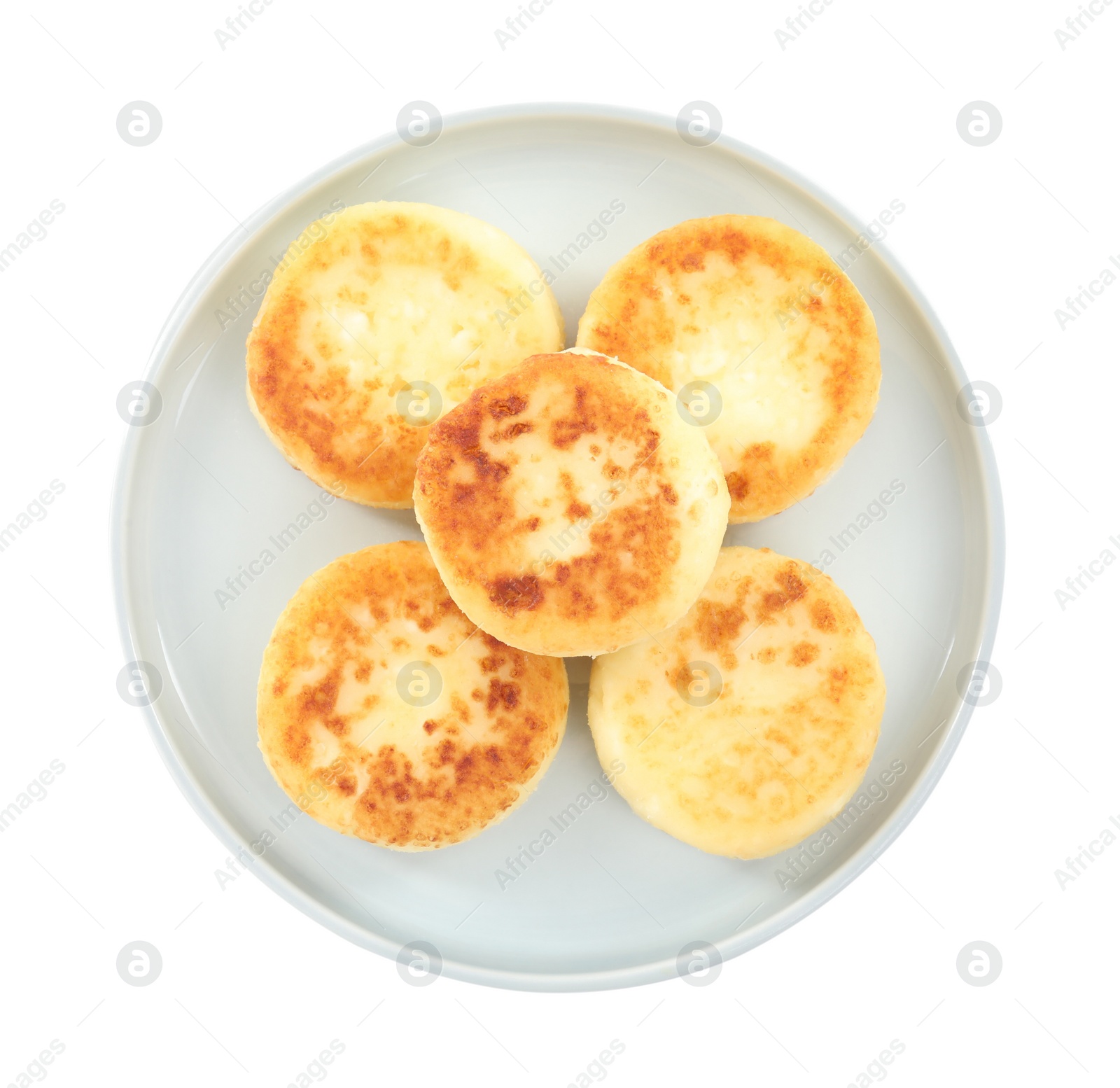 Photo of Delicious cottage cheese pancakes on white background, top view