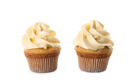 Photo of Delicious birthday cupcakes decorated with cream on white background