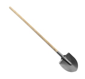 Photo of One new shovel with wooden handle isolated on white. Gardening tool