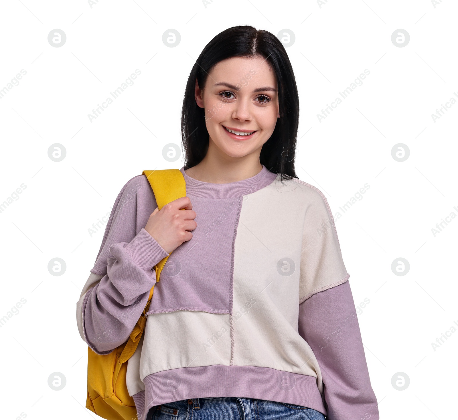 Photo of Happy student with backpack on white background