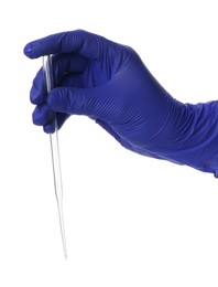 Scientist with pipette on white background, closeup