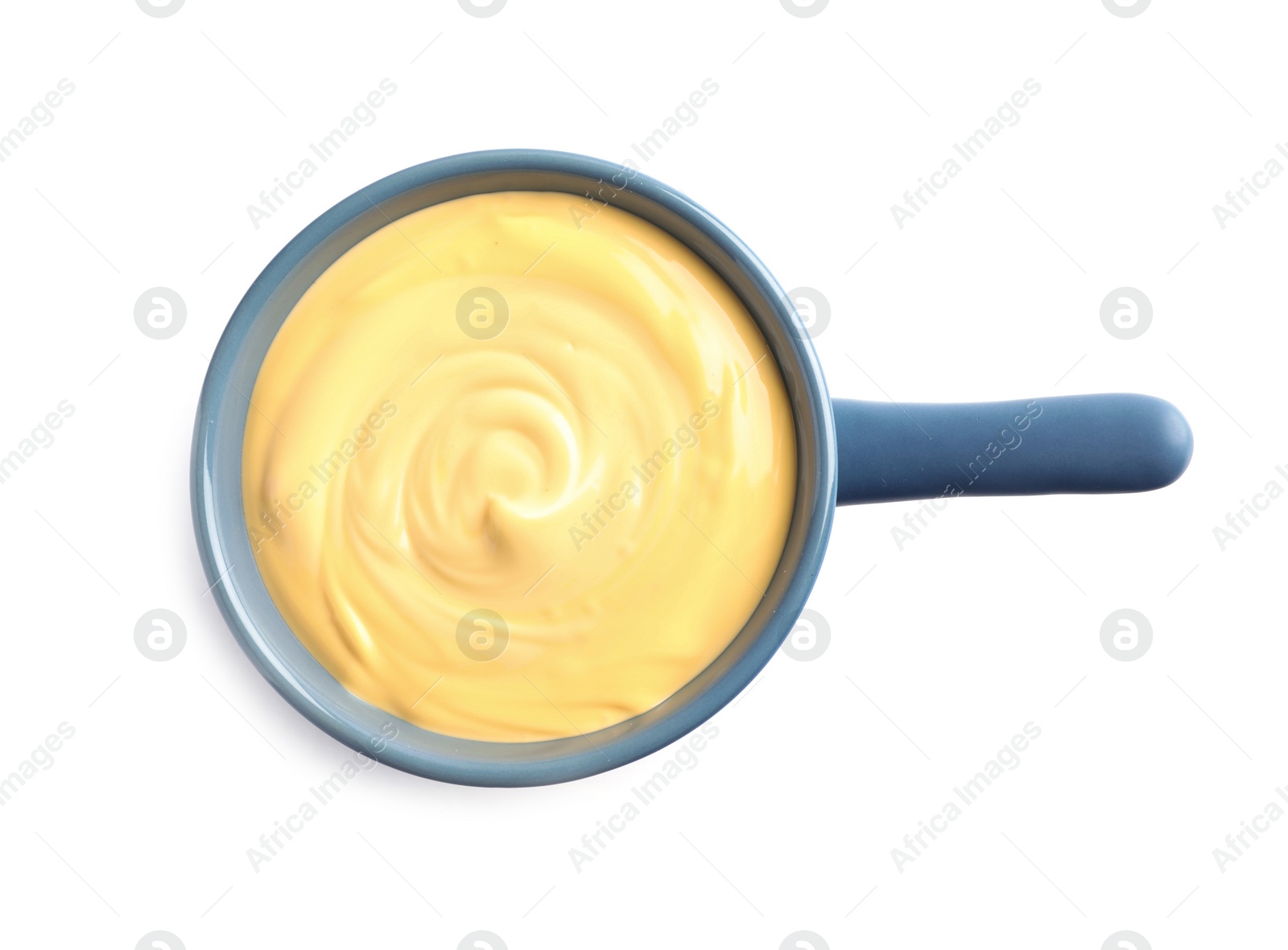 Photo of Pot with delicious cheese fondue on white background, top view