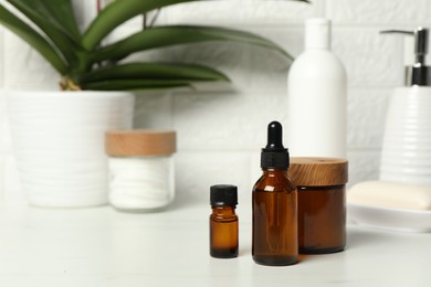 Bath accessories. Personal care products on white table, closeup