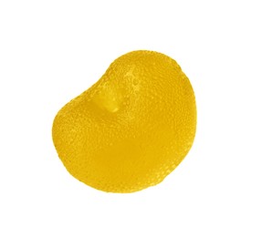 Photo of Delicious yellow gummy cherry candy isolated on white