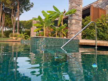 Swimming pool and exotic plants at luxury resort