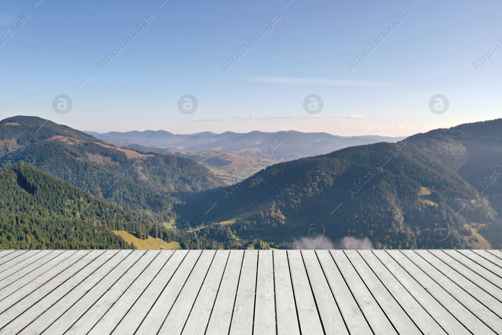 Image of Empty wooden surface and beautiful view of mountain landscape