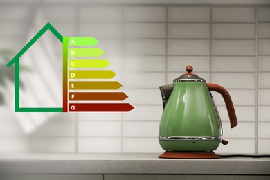 Image of Energy efficiency rating label and electric kettle on grey table