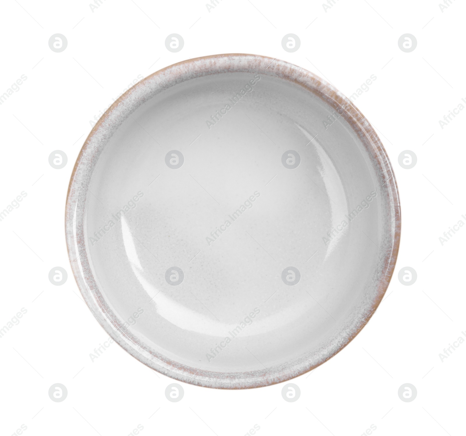 Photo of New ceramic bowl on white background, top view