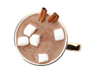 Delicious cocoa drink with cinnamon sticks and marshmallows on white background, top view