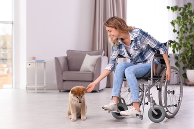 Young woman in wheelchair with puppy at home