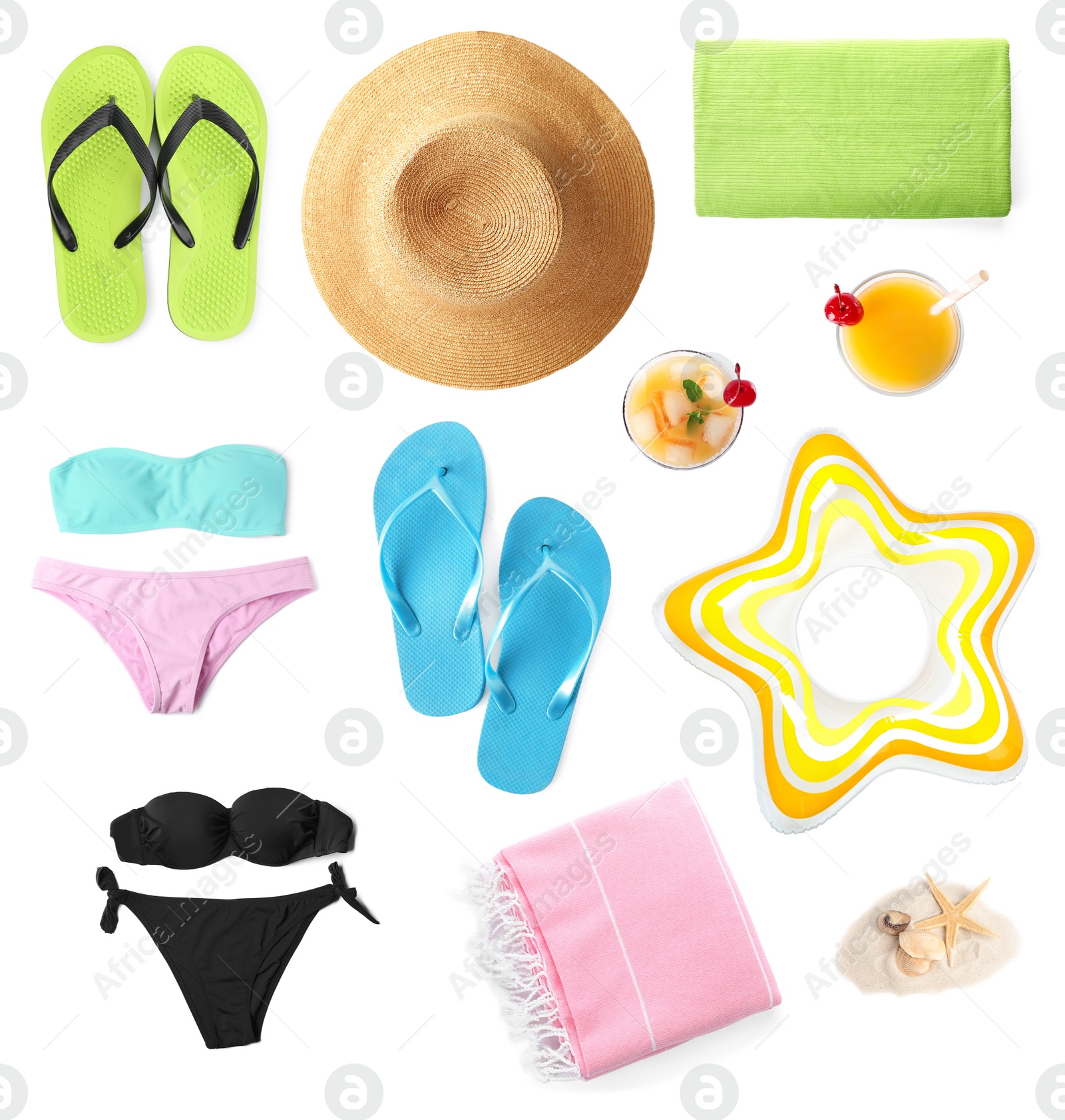 Image of Set of items needed in summer vacation on white background