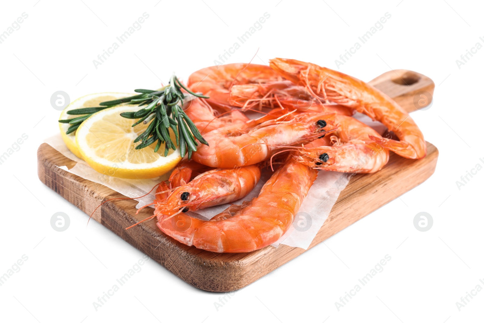 Photo of Delicious cooked shrimps served with lemon and rosemary on white background