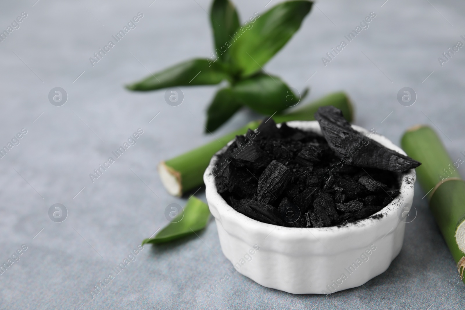 Photo of Bamboo charcoal and green stems on light gray background, closeup