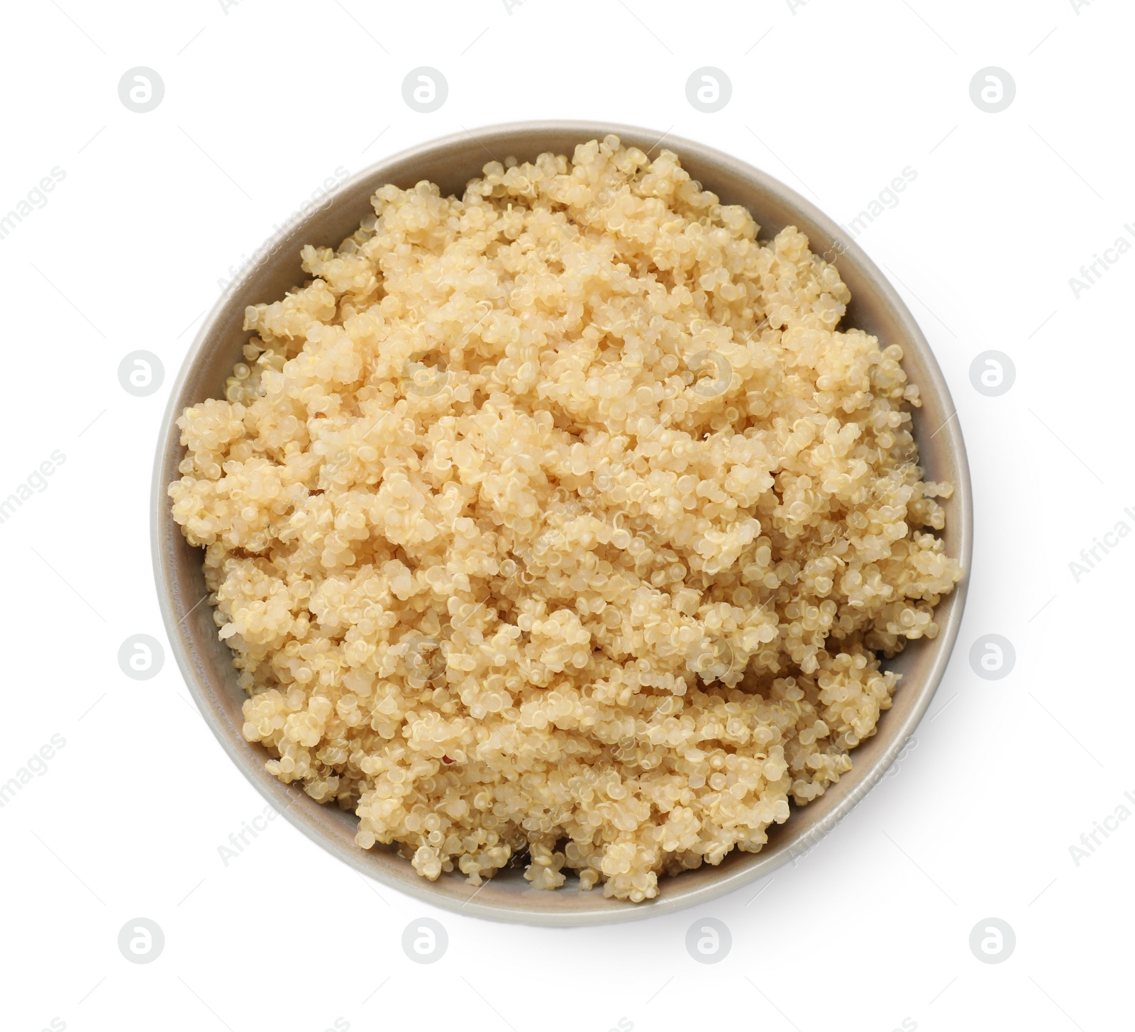 Photo of Tasty cooked quinoa in bowl isolated on white, top view