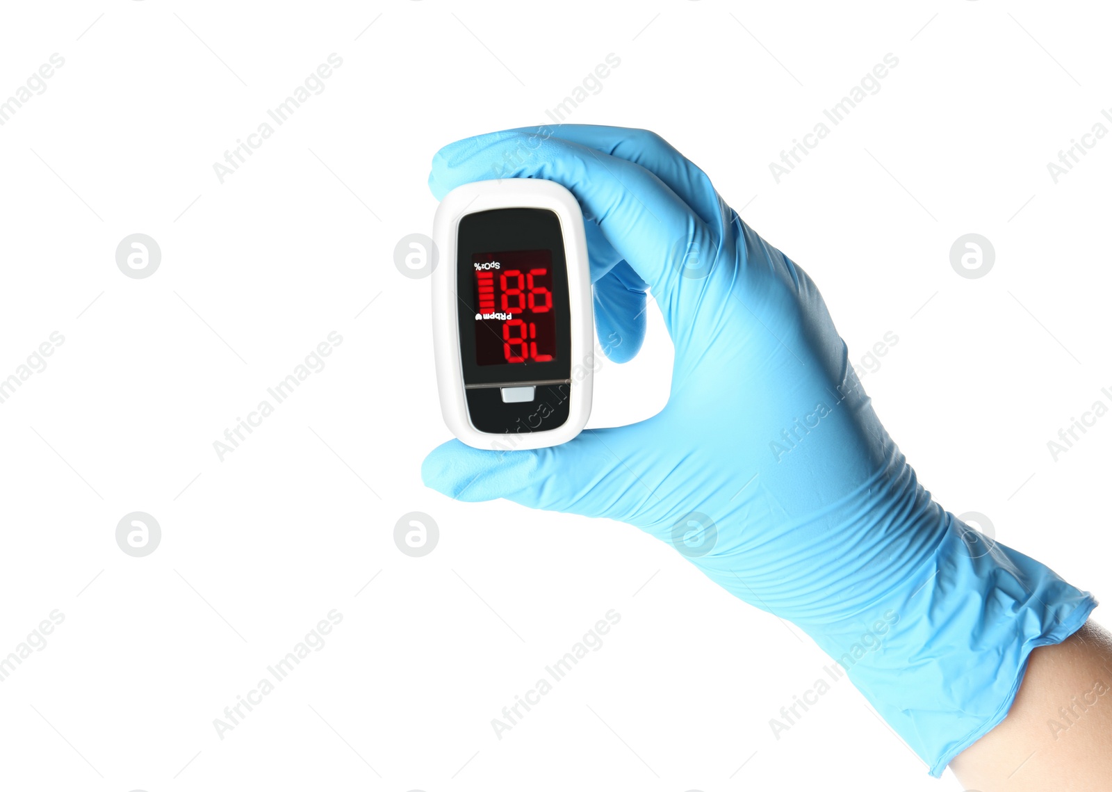 Photo of Doctor in latex gloves holding fingertip pulse oximeter on white background, closeup