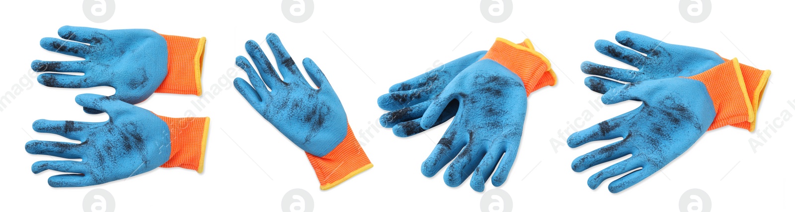 Image of Dirty gardening gloves isolated on white, views from different angles