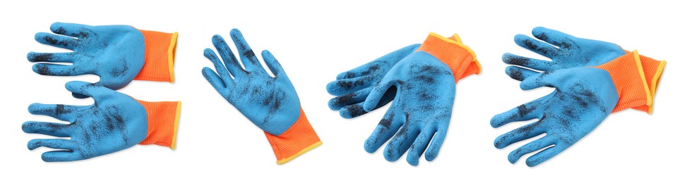 Image of Dirty gardening gloves isolated on white, views from different angles