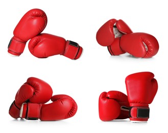 Image of Set with red boxing gloves on white background