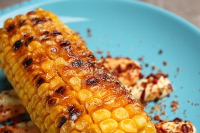 Photo of Delicious grilled corn cob with spices on plate, closeup