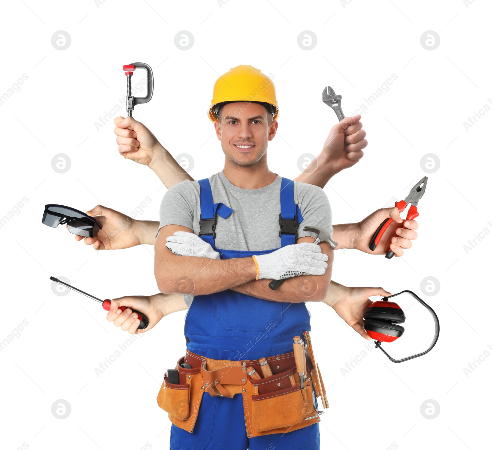 Image of Multitasking concept. Handyman with different tools on white background