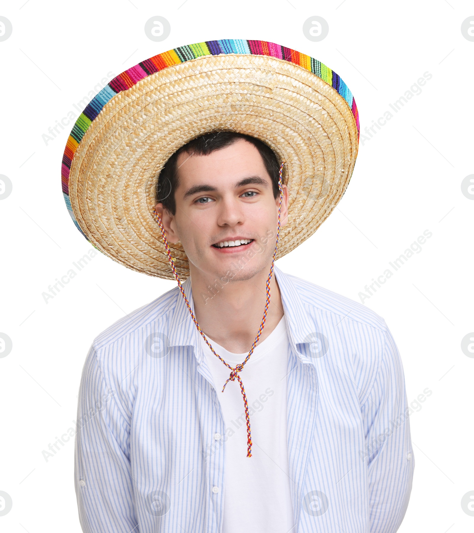 Photo of Young man in Mexican sombrero hat on white background