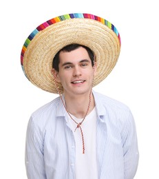 Photo of Young man in Mexican sombrero hat on white background