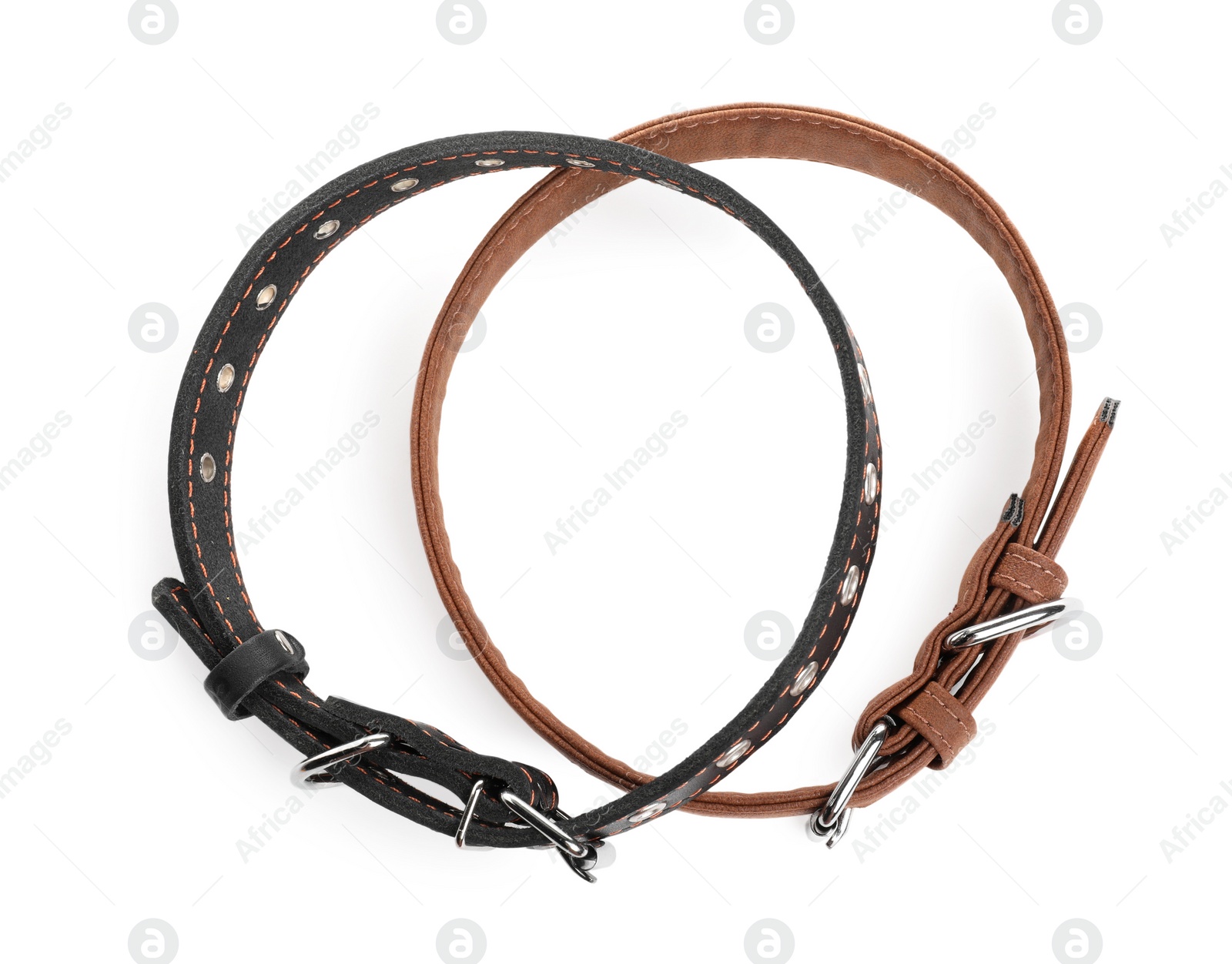 Photo of Different leather dog collars on white background, top view