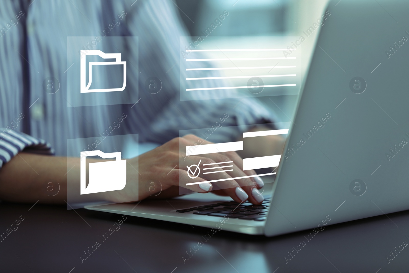 Image of File system. Woman with laptop at table, closeup. User organizing folders and documents