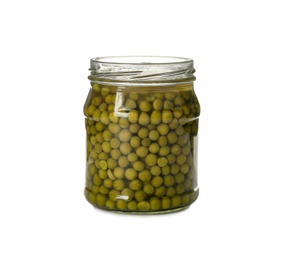 Photo of Jar of pickled peas isolated on white