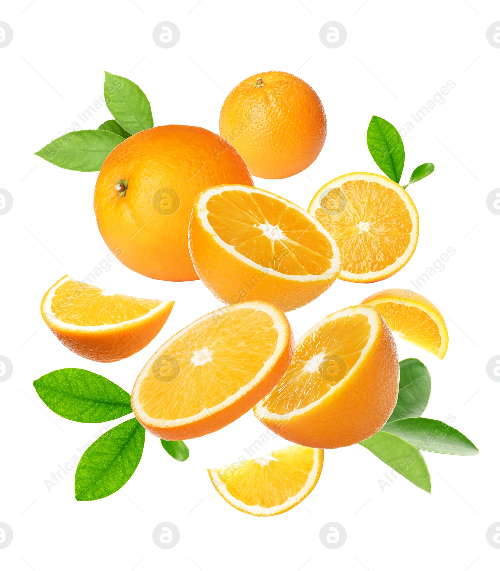 Image of Cut and whole oranges with green leaves flying on white background