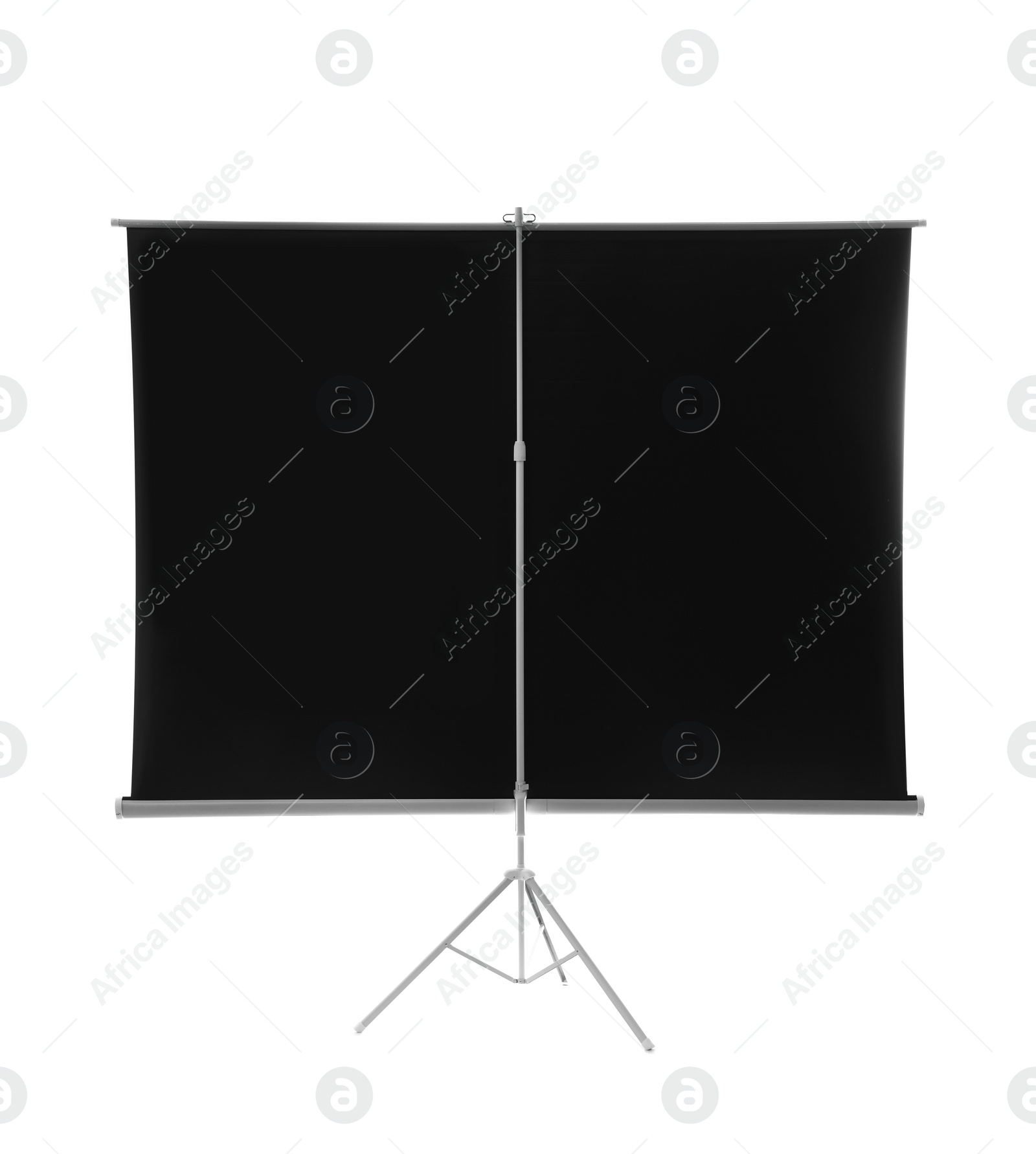 Photo of Tripod with projection screen isolated on white, back view