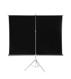 Tripod with projection screen isolated on white, back view