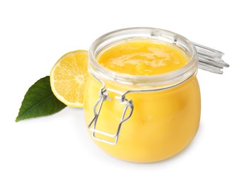 Photo of Delicious lemon curd, green leaf and fresh fruit on white background