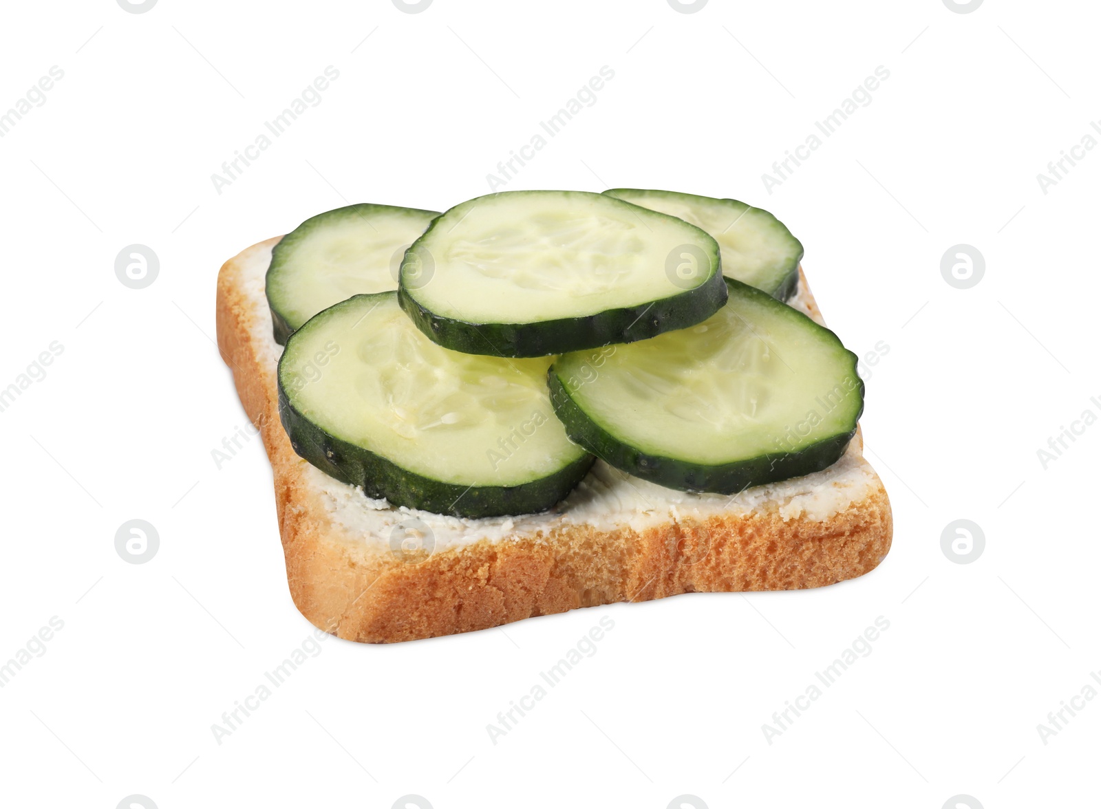 Photo of Tasty toast with cucumber and butter isolated on white