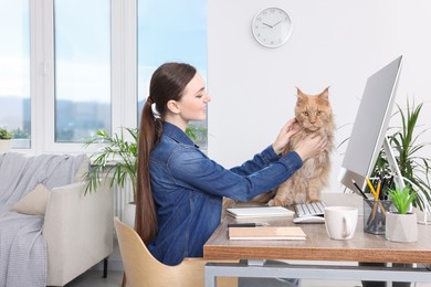 Photo of Woman with beautiful cat at desk. Home office