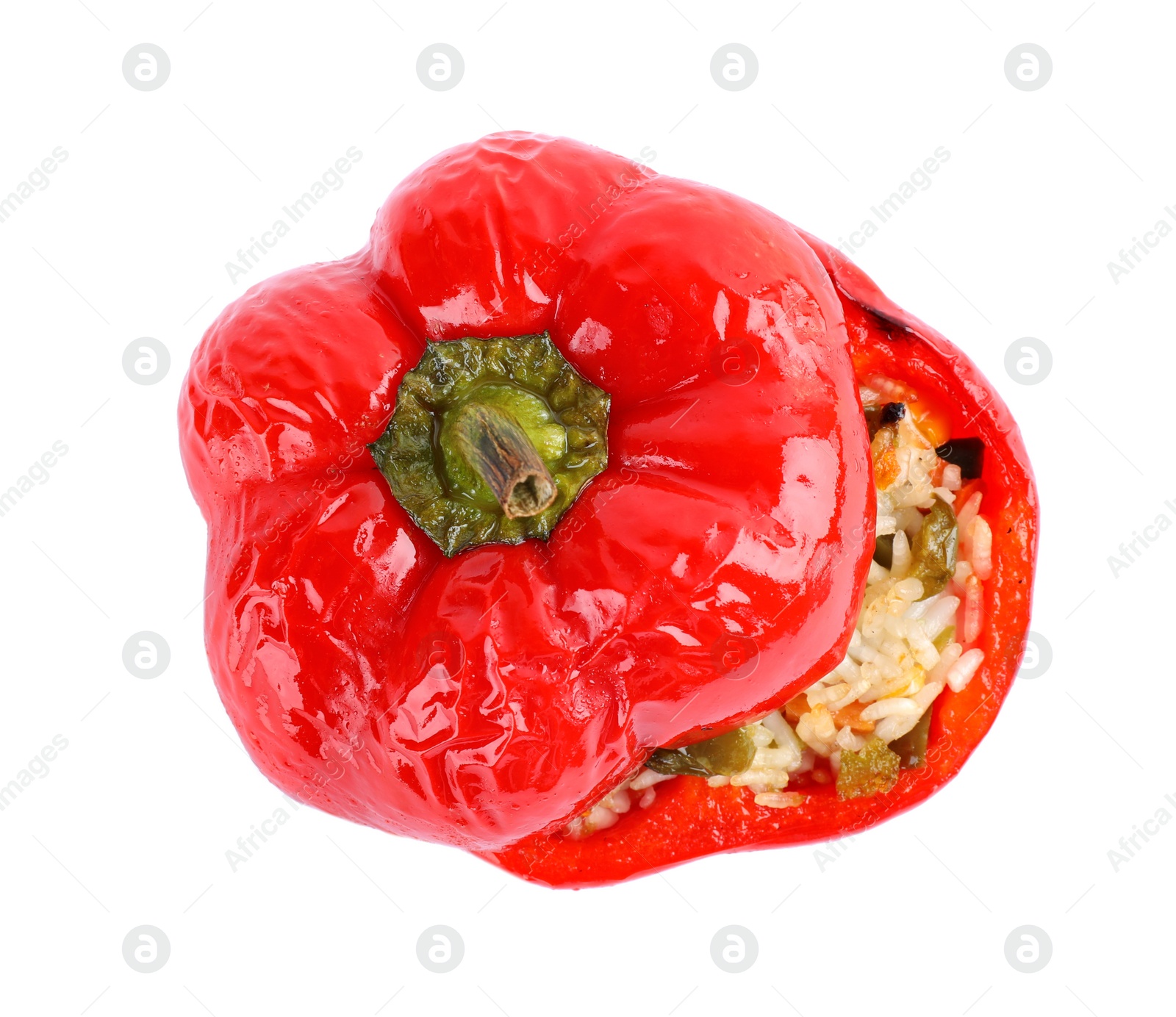 Photo of Tasty stuffed bell pepper isolated on white, top view