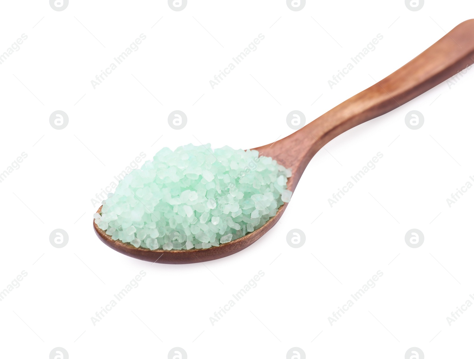 Photo of Wooden spoon with turquoise sea salt isolated on white