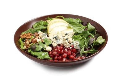Photo of Tasty salad with pear slices, cheese, pomegranate seeds and walnuts isolated on white