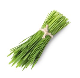 Photo of Bunch of fresh wheat grass sprouts isolated on white, top view